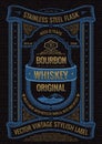 Vector whiskey label, sticker on bottle or flask of alcoholic drink. Vertical black bourbon logo with logo