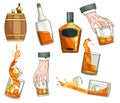 Vector whiskey symbols set. Glass bottle, man hand holding glass of scotch with ice cubes, wooden alcohol barrel icon Royalty Free Stock Photo