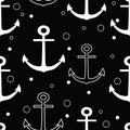 Vector white anchors repeat seamless pattern with circles on black background