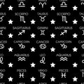 Vector white astronomy zodiac signs with text seamless pattern background on black surface Royalty Free Stock Photo