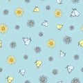 Vector white background daisy flowers, wild flowers and butterflies, insects. Seamless pattern background Royalty Free Stock Photo