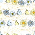 Vector white background daisy flowers, wild flowers and butterflies, insects. Seamless pattern background Royalty Free Stock Photo