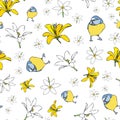 Vector white background yellow white floral birds seamless pattern. Lilies, birds. Seamless pattern background