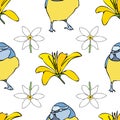 Vector white background yellow white floral birds seamless pattern. Lilies, birds. Seamless pattern background
