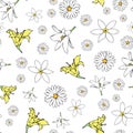 Vector white background white yellow lemony floral seamless pattern. Daisies, Lilies. Seamless pattern background