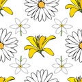 Vector white background white yellow lemony floral seamless pattern. Daisies, Lilies, Crocus. Seamless pattern