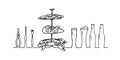 Vector white and black sketch of beer glasses and bottles and a three-tiered plate with seafood and cutlery for them