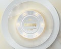 Vector white casino poker chip luminous light elements. White round geometric background, golden glitter dots. Blackjack or online