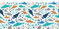 Vector white colourful cute shark pen sketch horizontal border pattern. Perfect for wall mural, posters or greeting