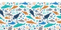 Vector white colourful cute shark pen sketch horizontal border pattern. Perfect for wall mural, posters or greeting cards