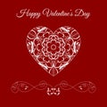 Vector Fretwork Floral Heart Over Red. Happy Valentines Day Holiday