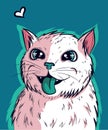 Vector of white kitty vibing with its green tongue out. Cat with big anime eyes and psychedelic look Royalty Free Stock Photo