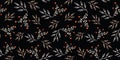 Vector white orange leaves twigs ornamental wild floral elements on black retro seamless pattern background