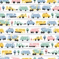 Vector white pastel pen skech rows of cute cement trucks transport vehicles seamless pattern with road stripes. Suitable