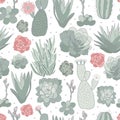 Vector white pink green cactus flower seamless pattern print background Royalty Free Stock Photo