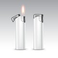 Vector White Plastic Metal Lighters with Flame on Background