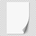 Vector white realistic paper page with curled corner. Royalty Free Stock Photo