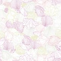 Vector white repeat pattern with variety of overlaping seashells. Romantic pink and purple pastel theme. Perfect for Royalty Free Stock Photo