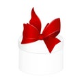 Vector White Round Gift Box with Shiny  Red Satin Bow and Ribbon Top View Close up Isolated on Background Royalty Free Stock Photo