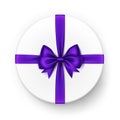 Vector White Round Gift Box with Shiny Violet Purple Satin Bow and Ribbon Top View Close up Isolated on Background Royalty Free Stock Photo