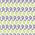 Vector white rows of swirling purple and green motif repeat pattern. Abstract curvy vines.