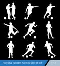 Vector white silhouettes of football players on black background. Judge and players, different poses, vector set. Football player Royalty Free Stock Photo