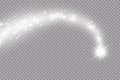 Vector white sparkling falling star. Stardust trail. Cosmic glittering wave. PNG.