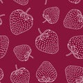 Seamless vector pattern with white line strawberries on raspberry red background