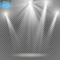 Vector white transparent energy spotlight scene with lightning and fog or smoke background. Royalty Free Stock Photo