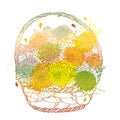 Vector wicker basket with bouquet of outline Aster flower, ornate leaf and bud in pastel yellow, orange and green isolated.