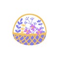 Vector wicker basket with flowers and plants . Flat drawing style. Purple, yellow, blue colors. Hand drawn. Yellow, blue colors