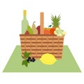 Vector. Wicker picnic basket, food, drink Royalty Free Stock Photo