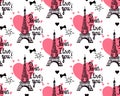 Vector Wide Seamless pattern. Illustration black ink Eiffel Tower. Inscription Paris I love you Royalty Free Stock Photo