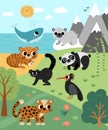 Vector wild forest, mountains, ocean scene with trees, extinct animals, birds. Woodland scenery with tiger, leopard, panda, whale