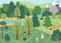 Vector wild forest scene with trees, mountains, animals, birds. Spring or summer woodland scenery with flowers, plants, mushrooms Royalty Free Stock Photo