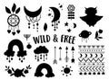 Vector wild and free silhouettes collection. Bohemian black and white illustrations set. Half moon, planet, dream catcher, flowers Royalty Free Stock Photo