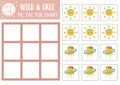 Vector wild and free tic tac toe chart with cute planet and sun. Ethnic nature board game playing field with. Funny printable