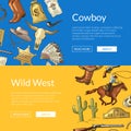 Vector wild west cowboy web banners with horses, cacti and cow skull Royalty Free Stock Photo