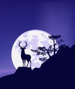 Vector wilderness landscape with deer stag, pine tree and full moon disk