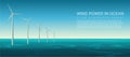 Vector Wind energy power concept poster header with wind turbines in ocean.