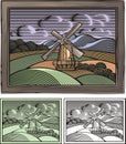 Vector Windmill Illustration in Woodcut Style. Organic Farming. Royalty Free Stock Photo