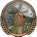 Vector Windmill Illustration in Woodcut Style. Organic Farming.