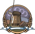 Vector Windmill Illustration in Woodcut Style. Organic Farming.