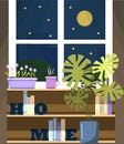 Vector window with a view of the night city, with a flower on the windowsill and a Cup of tea. A flat illustration of a