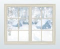 Vector window with view of snowy background. Royalty Free Stock Photo