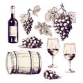 Vector wine harvest products, press, grapes icon eps10. Vector vineyards corkscrews glasses bottles in vintage style