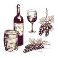 Vector wine harvest products, press, grapes icon eps10. Vector vineyards corkscrews glasses bottles in vintage style