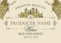 Wine label with landscape of village and grapes Royalty Free Stock Photo