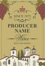 Wine label with landscape of village and grapes Royalty Free Stock Photo