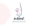 Vector wine label logo design template with wine glass and wine bottle isolated on white background. Royalty Free Stock Photo